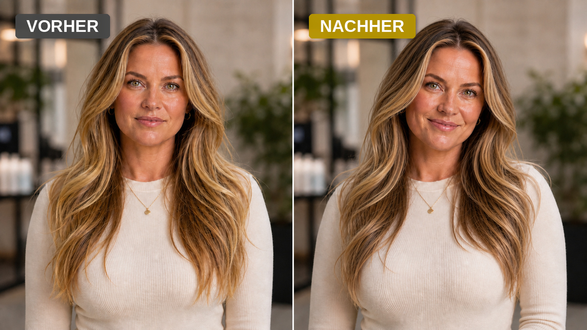 KI-gestützter Vorher-Nachher-Vergleich mit Nora: links warme gelbliche Highlights, rechts neutralere beige Highlights.
